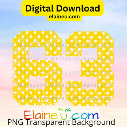 Yellow varsity grunge numbers digital download featuring 0–9 in vibrant yellow with white polka dots and distressed cutout design. Transparent grunge texture lets backgrounds show through for a vintage, sporty effect. Includes 300 DPI PNG with transparent backgrounds and JPG with white backgrounds. Perfect for sports, school décor, parties, invitations, and printable crafts.