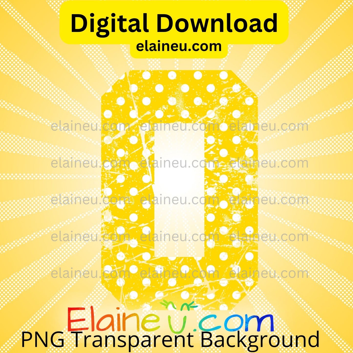 Yellow varsity grunge numbers digital download featuring 0–9 in vibrant yellow with white polka dots and distressed cutout design. Transparent grunge texture lets backgrounds show through for a vintage, sporty effect. Includes 300 DPI PNG with transparent backgrounds and JPG with white backgrounds. Perfect for sports, school décor, parties, invitations, and printable crafts.