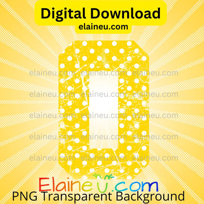 Yellow varsity grunge numbers digital download featuring 0–9 in vibrant yellow with white polka dots and distressed cutout design. Transparent grunge texture lets backgrounds show through for a vintage, sporty effect. Includes 300 DPI PNG with transparent backgrounds and JPG with white backgrounds. Perfect for sports, school décor, parties, invitations, and printable crafts.