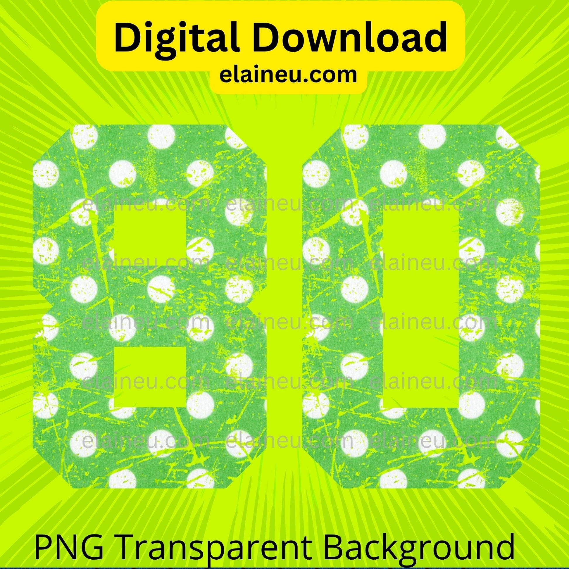 Green varsity sports numbers digital download featuring 0–9 in bright green with white polka dots and grunge distressed texture. Distressed areas are transparent to let backgrounds show through for a smooth, blended look. Includes 300 DPI PNG with transparent backgrounds and JPG with white backgrounds. Ideal for sports events, team shirts, invitations, table numbers, banners, and printable crafts.