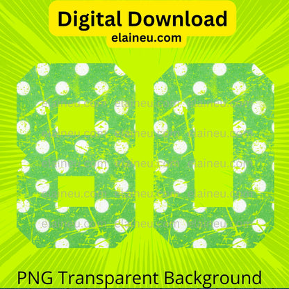 Green varsity sports numbers digital download featuring 0–9 in bright green with white polka dots and grunge distressed texture. Distressed areas are transparent to let backgrounds show through for a smooth, blended look. Includes 300 DPI PNG with transparent backgrounds and JPG with white backgrounds. Ideal for sports events, team shirts, invitations, table numbers, banners, and printable crafts.