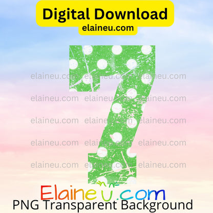 Green varsity sports numbers digital download featuring 0–9 in bright green with white polka dots and grunge distressed texture. Distressed areas are transparent to let backgrounds show through for a smooth, blended look. Includes 300 DPI PNG with transparent backgrounds and JPG with white backgrounds. Ideal for sports events, team shirts, invitations, table numbers, banners, and printable crafts.