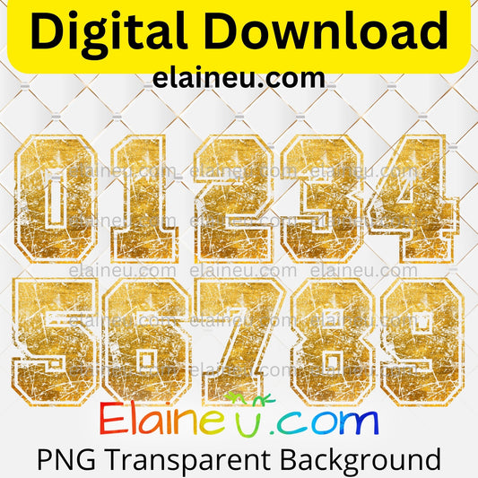 Gold Grunge Varsity Numbers | Digital Download 0–9 | Distressed Athletic Number Design, EU-N-697