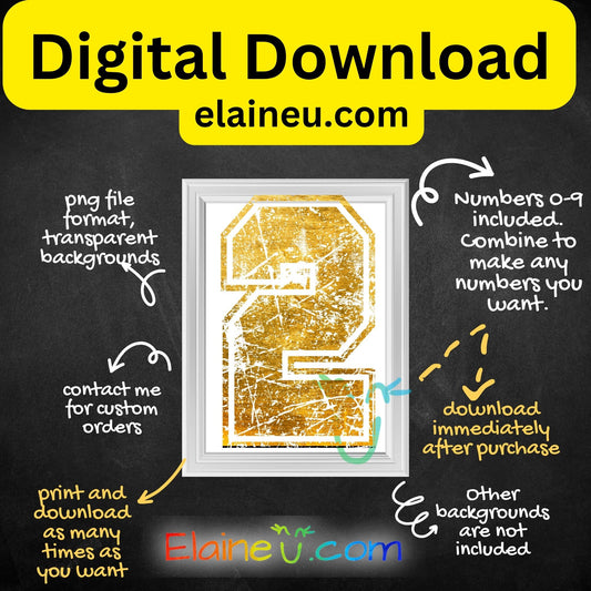 Gold Grunge Varsity Numbers | Digital Download 0–9 | Distressed Athletic Number Design, EU-N-697