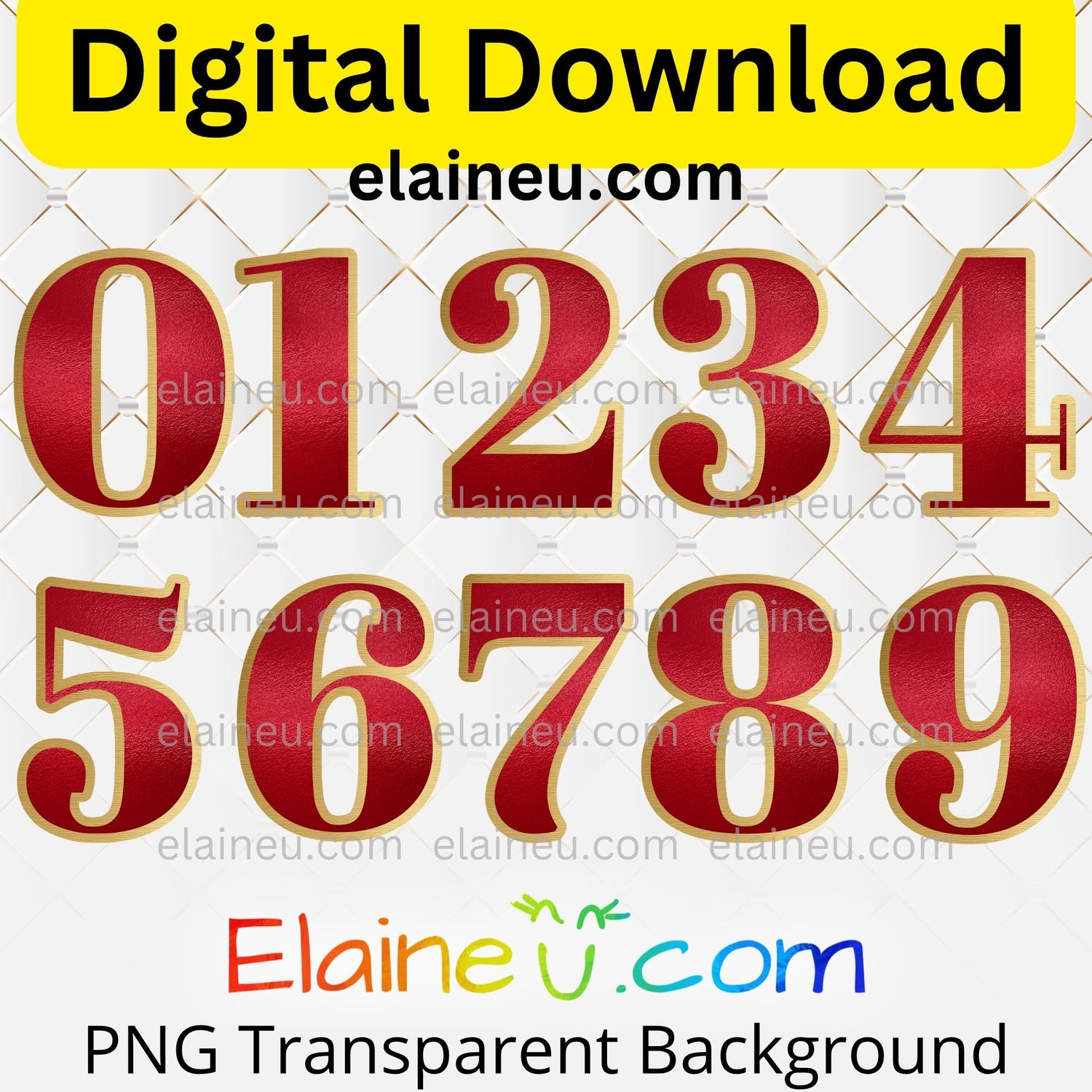 Red numbers with gold outlines on a white background, featuring 'Elaineéu.com' branding.