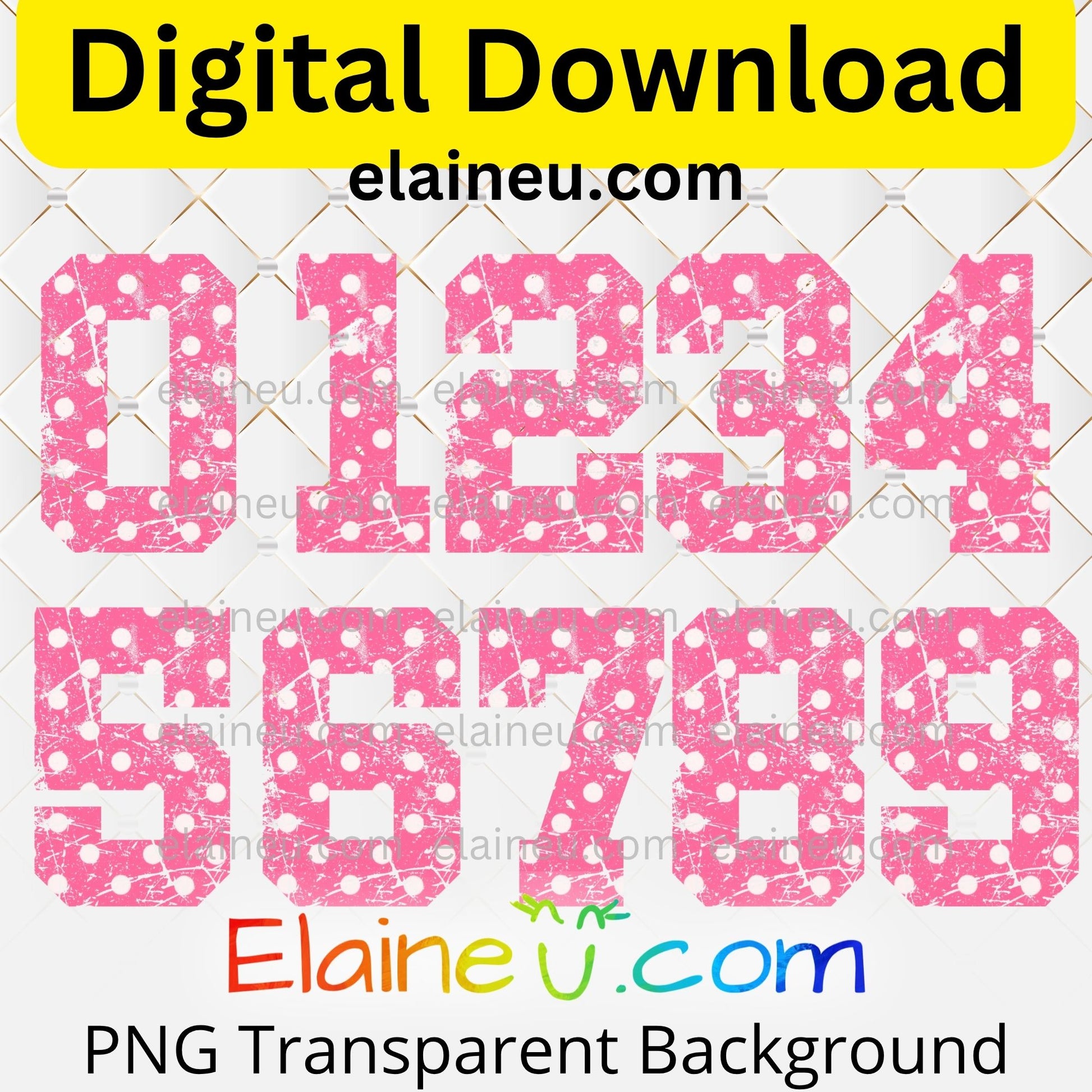 Pink varsity grunge numbers digital download featuring 0–9 in soft pink with white polka dots and distressed cutout texture. Transparent grunge detailing allows backgrounds to show through for a seamless blend. Includes high-resolution 300 DPI PNG with transparent backgrounds and JPG with white backgrounds. Perfect for sports projects, parties, invitations, table décor, and printable crafts.
