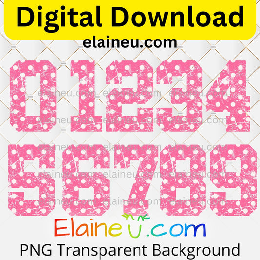 Pink varsity grunge numbers digital download featuring 0–9 in soft pink with white polka dots and distressed cutout texture. Transparent grunge detailing allows backgrounds to show through for a seamless blend. Includes high-resolution 300 DPI PNG with transparent backgrounds and JPG with white backgrounds. Perfect for sports projects, parties, invitations, table décor, and printable crafts.