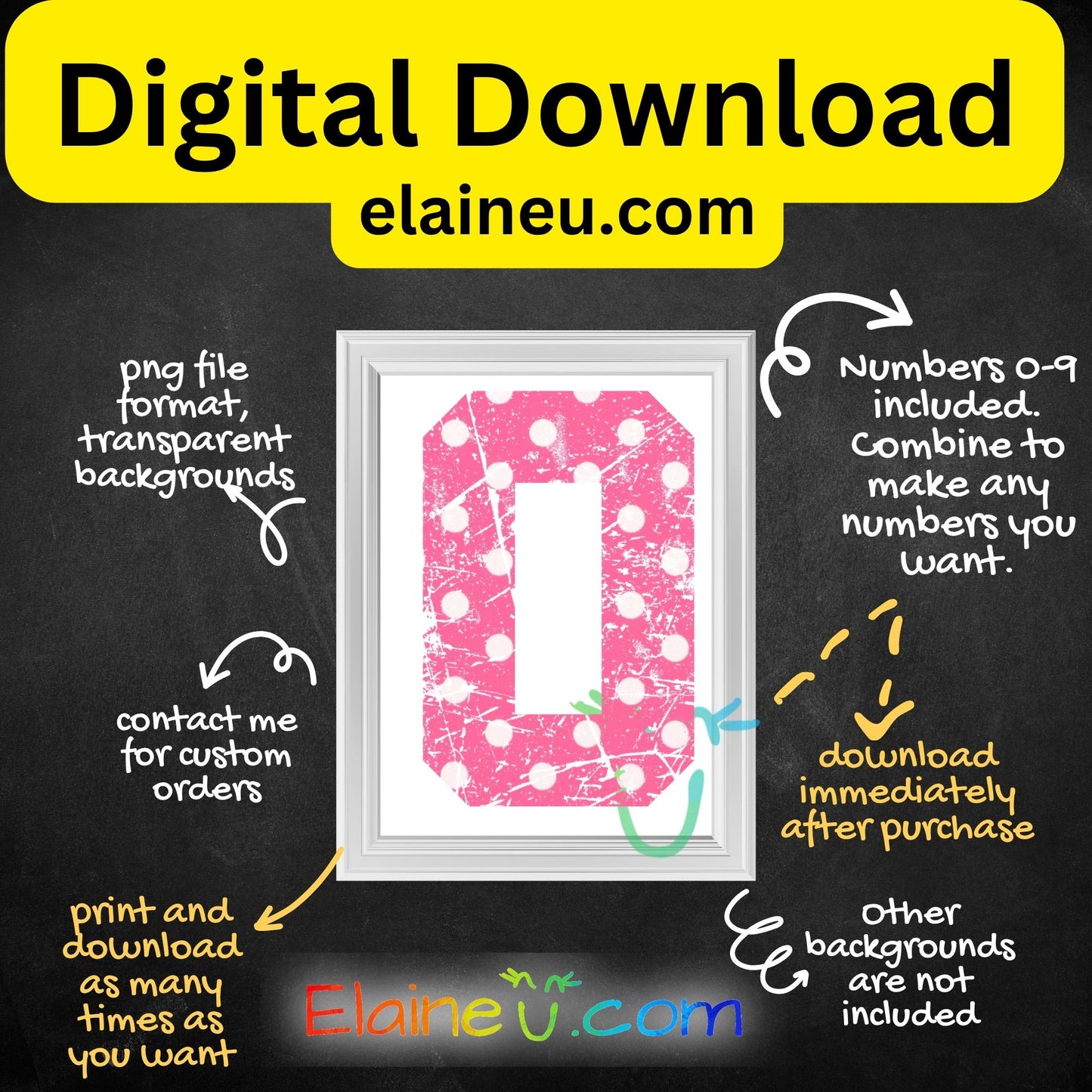 Pink varsity grunge numbers digital download featuring 0–9 in soft pink with white polka dots and distressed cutout texture. Transparent grunge detailing allows backgrounds to show through for a seamless blend. Includes high-resolution 300 DPI PNG with transparent backgrounds and JPG with white backgrounds. Perfect for sports projects, parties, invitations, table décor, and printable crafts.