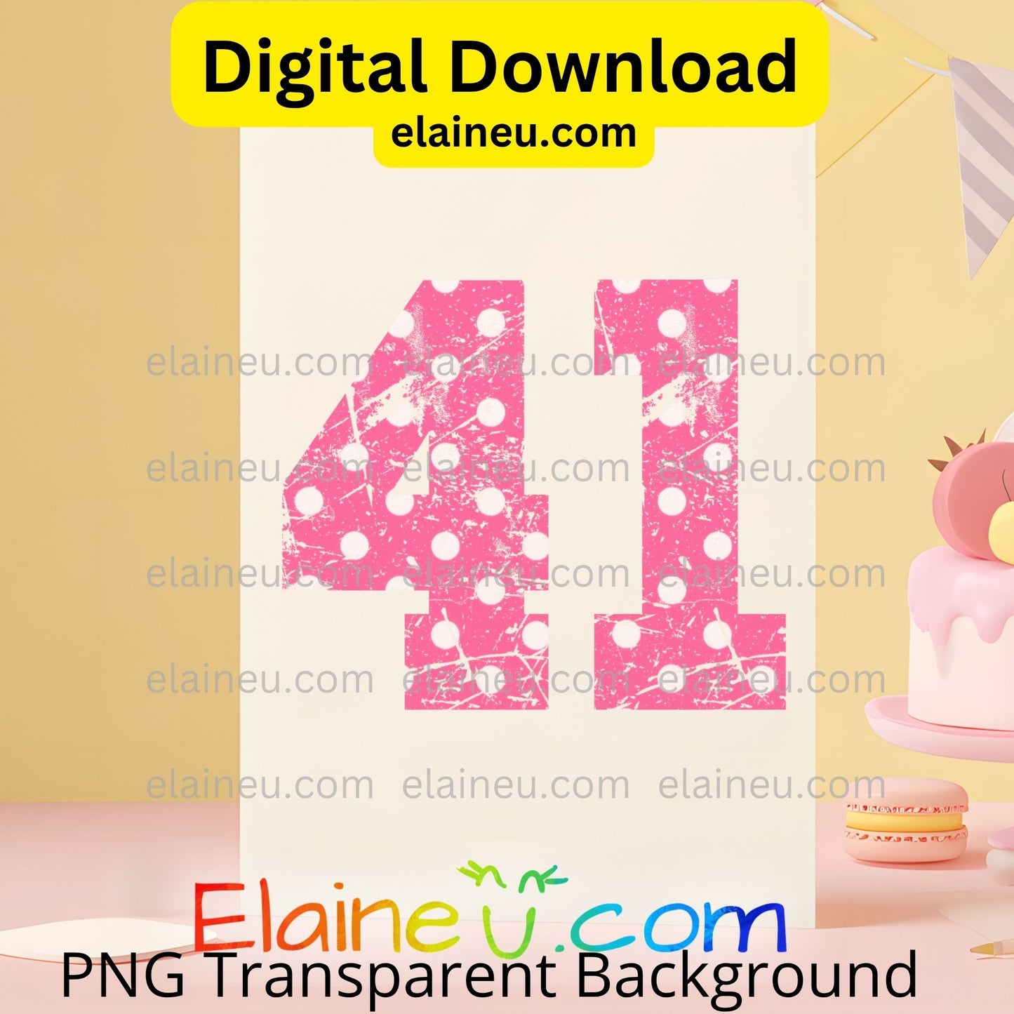 Digital download of pink polka dot number '41' with a cake and cookies on a transparent background, featuring the brand 'Elaineé®.com'.