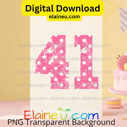 Digital download of pink polka dot number '41' with a cake and cookies on a transparent background, featuring the brand 'Elaineé®.com'.