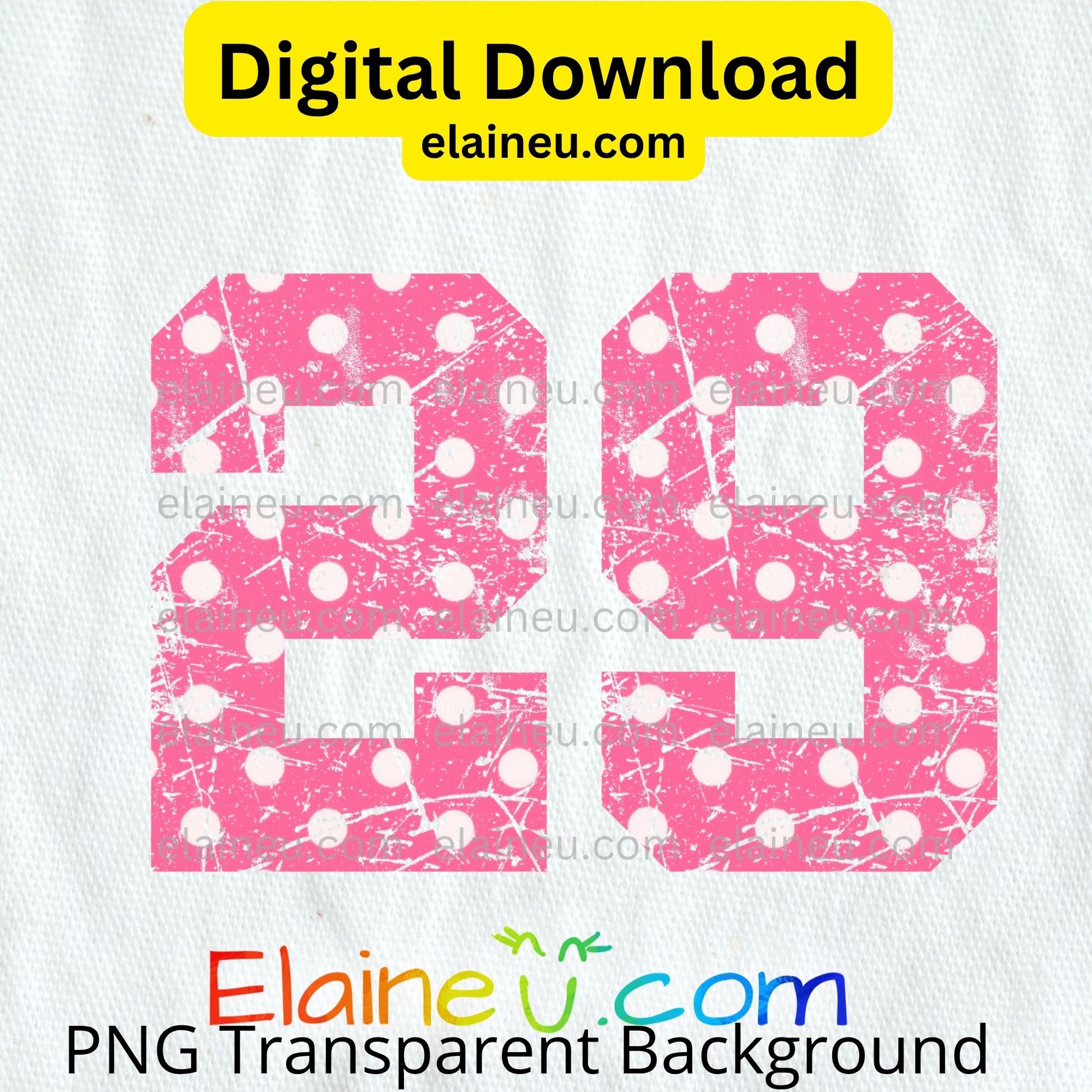 Pink numbers with white polka dots on a white background, featuring 'Elaineé.com' branding.