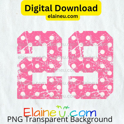 Pink numbers with white polka dots on a white background, featuring 'Elaineé.com' branding.