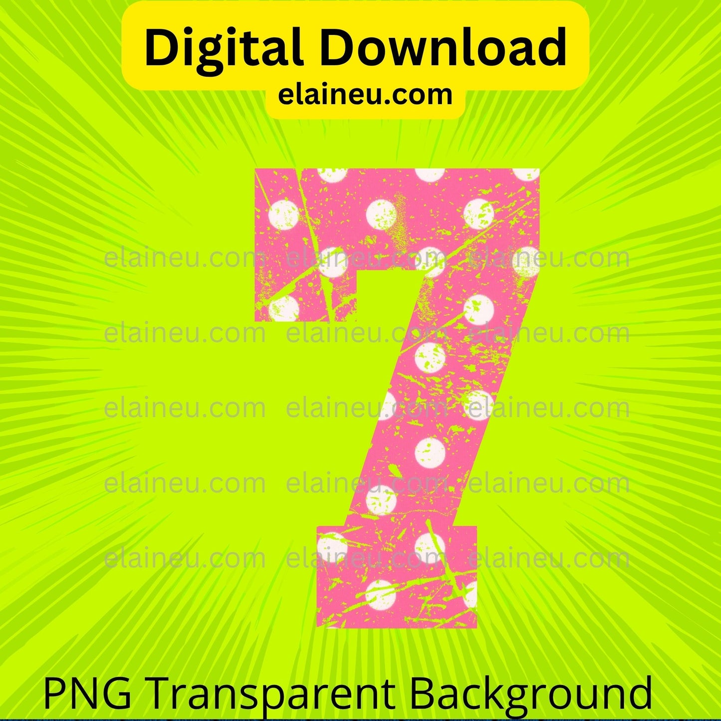 Pink number '7' with white dots on a green background, featuring 'elaineu.com' text.