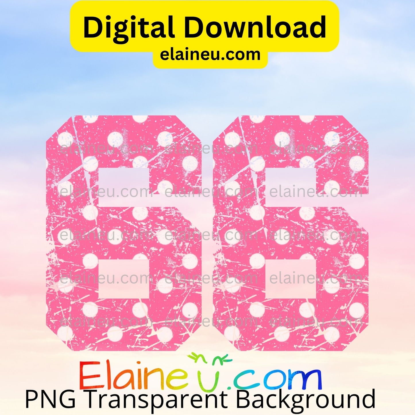 Pink polka dot numbers '69' on a gradient background with 'Elaine U.' branding.