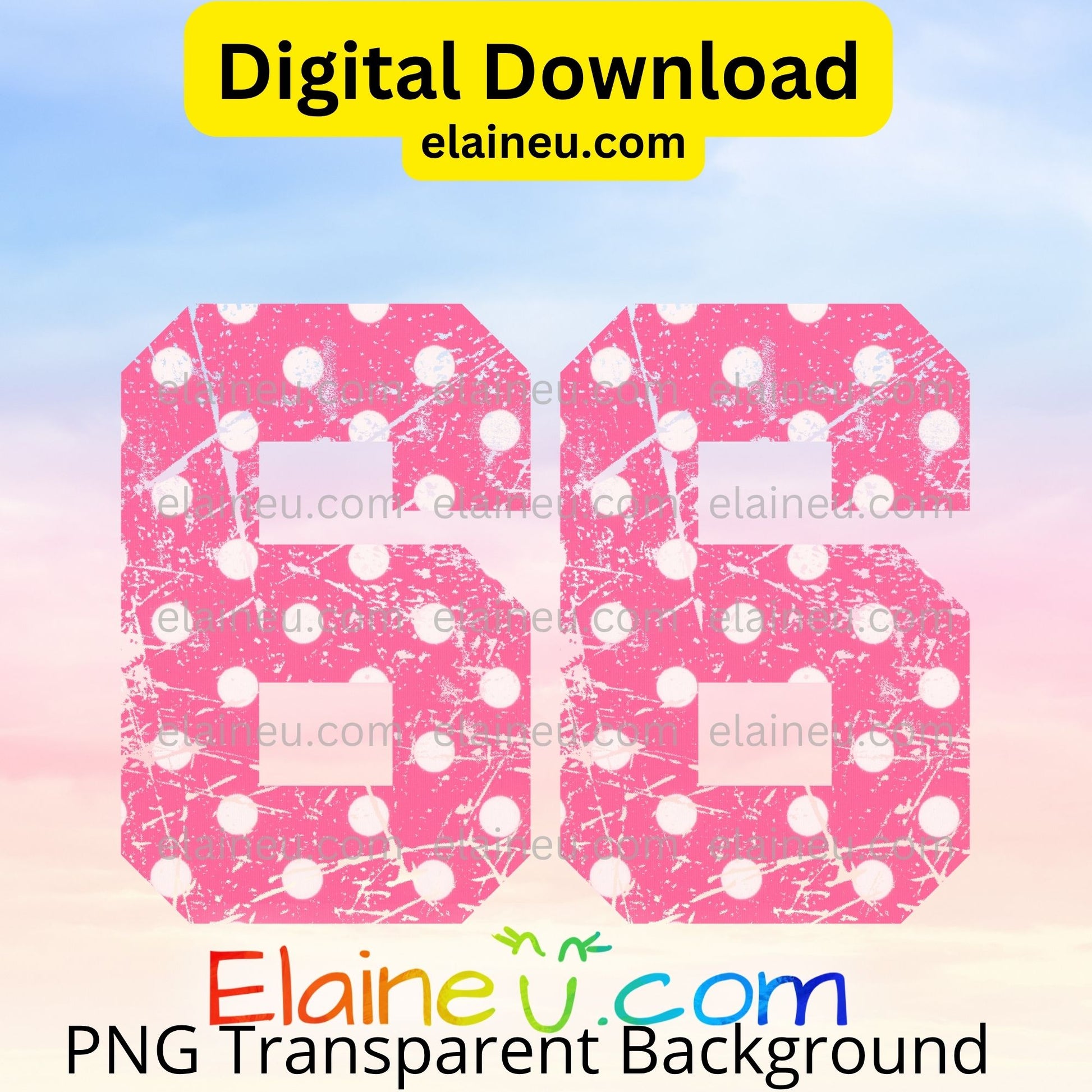 Pink polka dot numbers '69' on a gradient background with 'Elaine U.' branding.