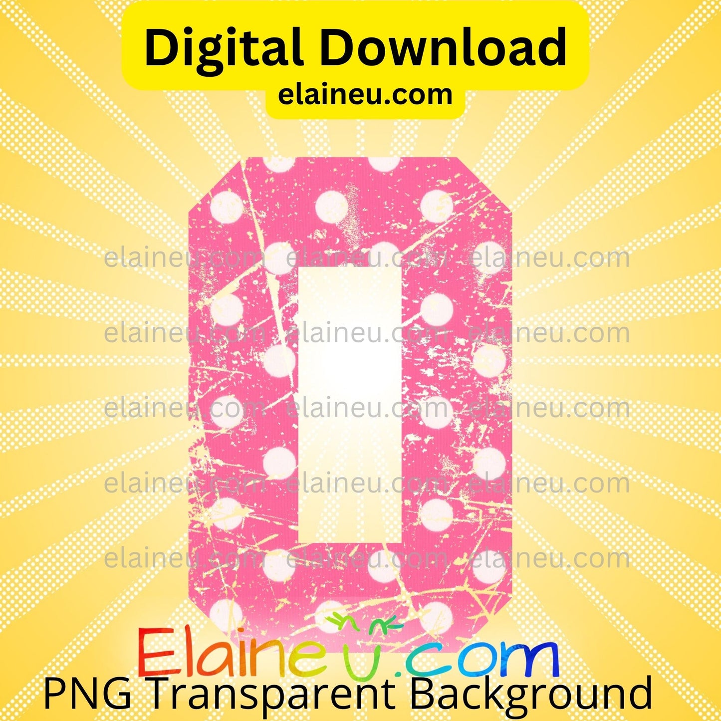 Pink number '8' with white polka dots on a yellow background, featuring Elaine U. branding.