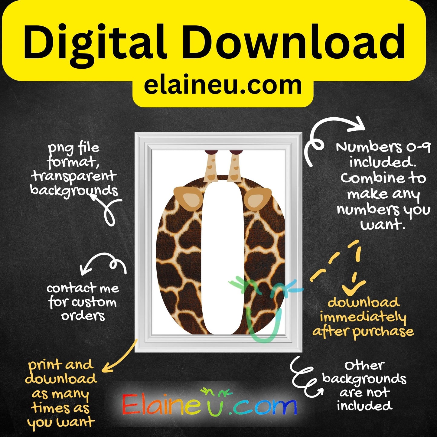 Giraffe-themed number '0' with frame on a blackboard-style background, promoting digital download from elaineu.com.