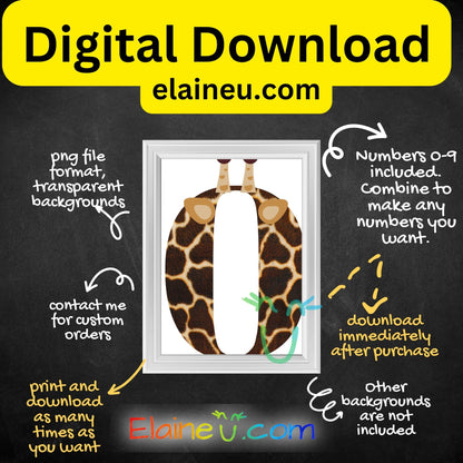 Giraffe-themed number '0' with frame on a blackboard-style background, promoting digital download from elaineu.com.
