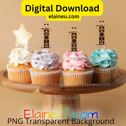 Cupcakes with colorful frosting and giraffe-themed toppers on a wooden stand, with 'Elaineu.com' branding.