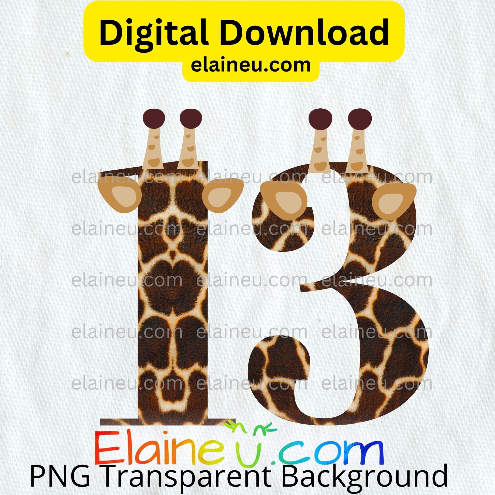 Giraffe-themed number '13' with 'Elaine U' branding on a white background.