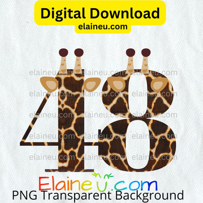 Giraffe-themed numbers '4' and '8' with a transparent background, featuring the brand 'Elaine U'.