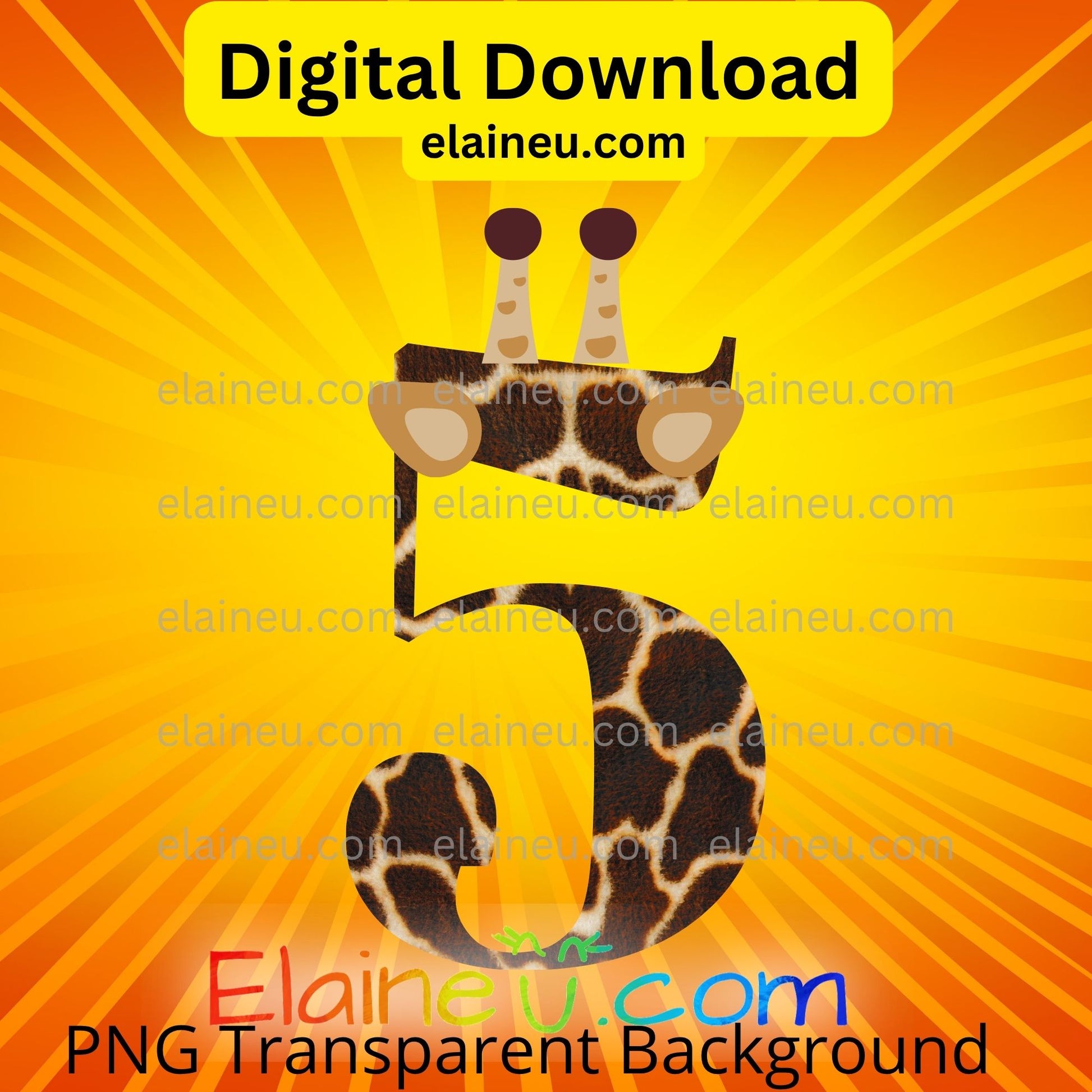 Giraffe-themed number '4' on a bright orange background with 'Elaine U' branding.