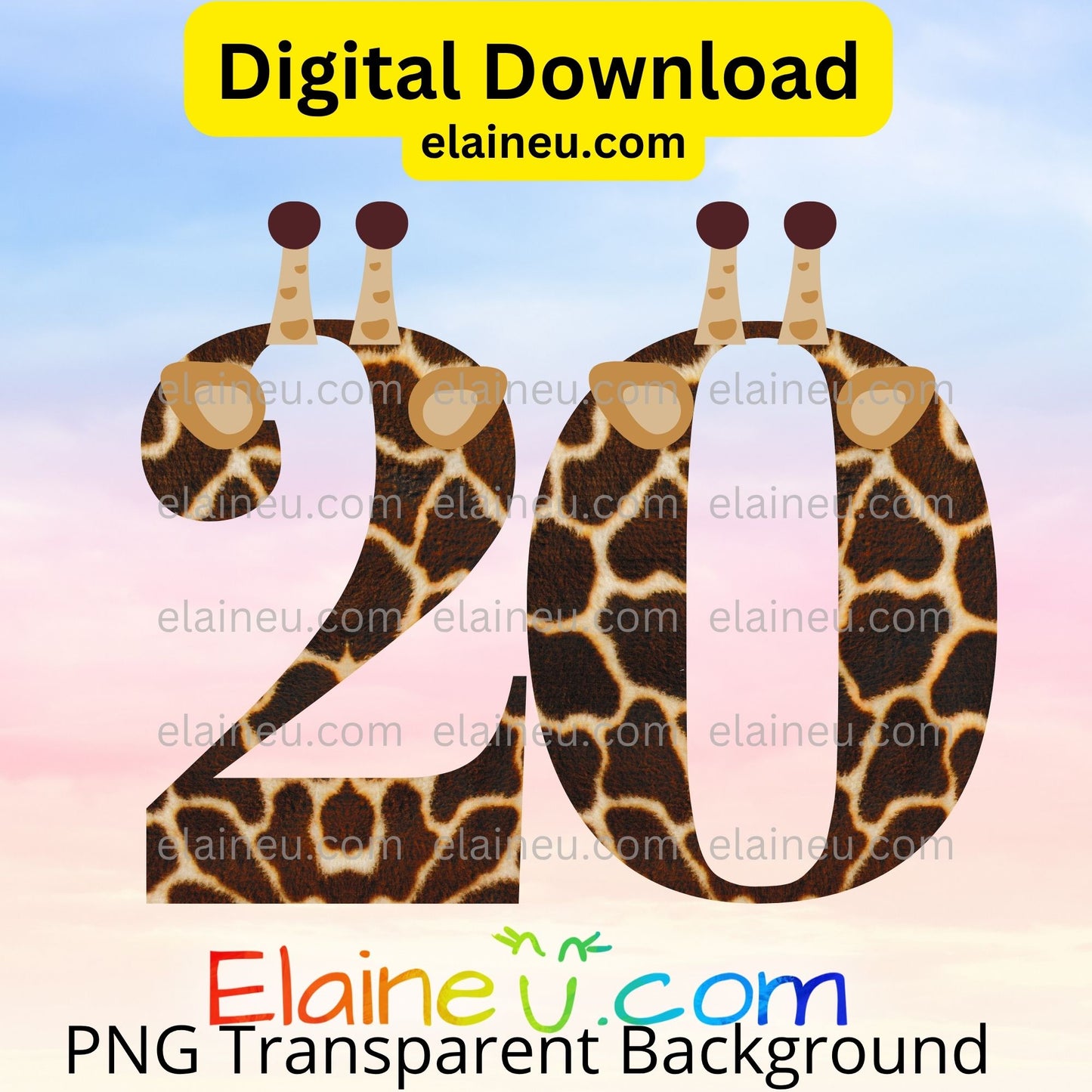 Giraffe-themed number '20' with a transparent background and 'elaineu.com' branding.