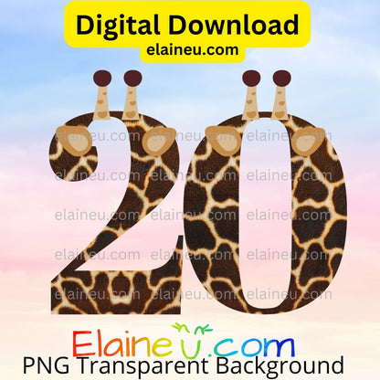 Giraffe-themed number '20' with a transparent background and 'elaineu.com' branding.