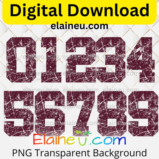 Digital download of distressed numbers with 'ElaineU.com' branding on a transparent background.