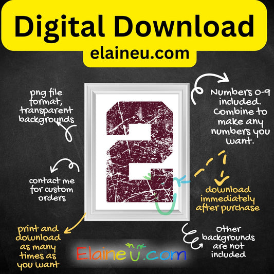 Burgundy varsity sports numbers digital download featuring 0–9 in a bold outlined font with distressed grunge texture. Each number has a classic athletic design with a weathered finish for a vintage sports look. Includes 300 DPI PNG files with transparent backgrounds and JPG files with white backgrounds. Ideal for team projects, sports banners, invitations, and printable crafts.