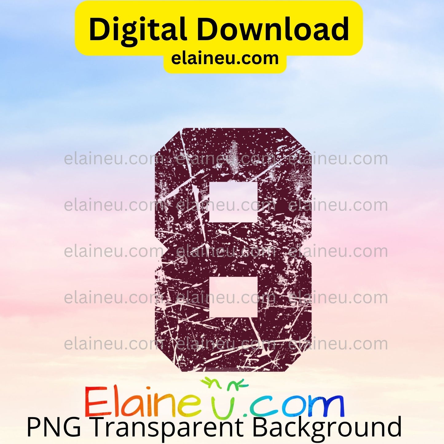 Maroon number '8' with a textured pattern on a gradient background with 'elaineu.com' branding.