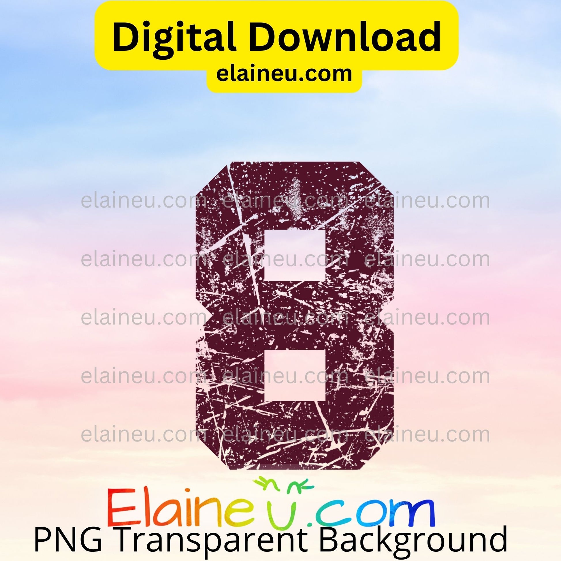 Maroon number '8' with a textured pattern on a gradient background with 'elaineu.com' branding.