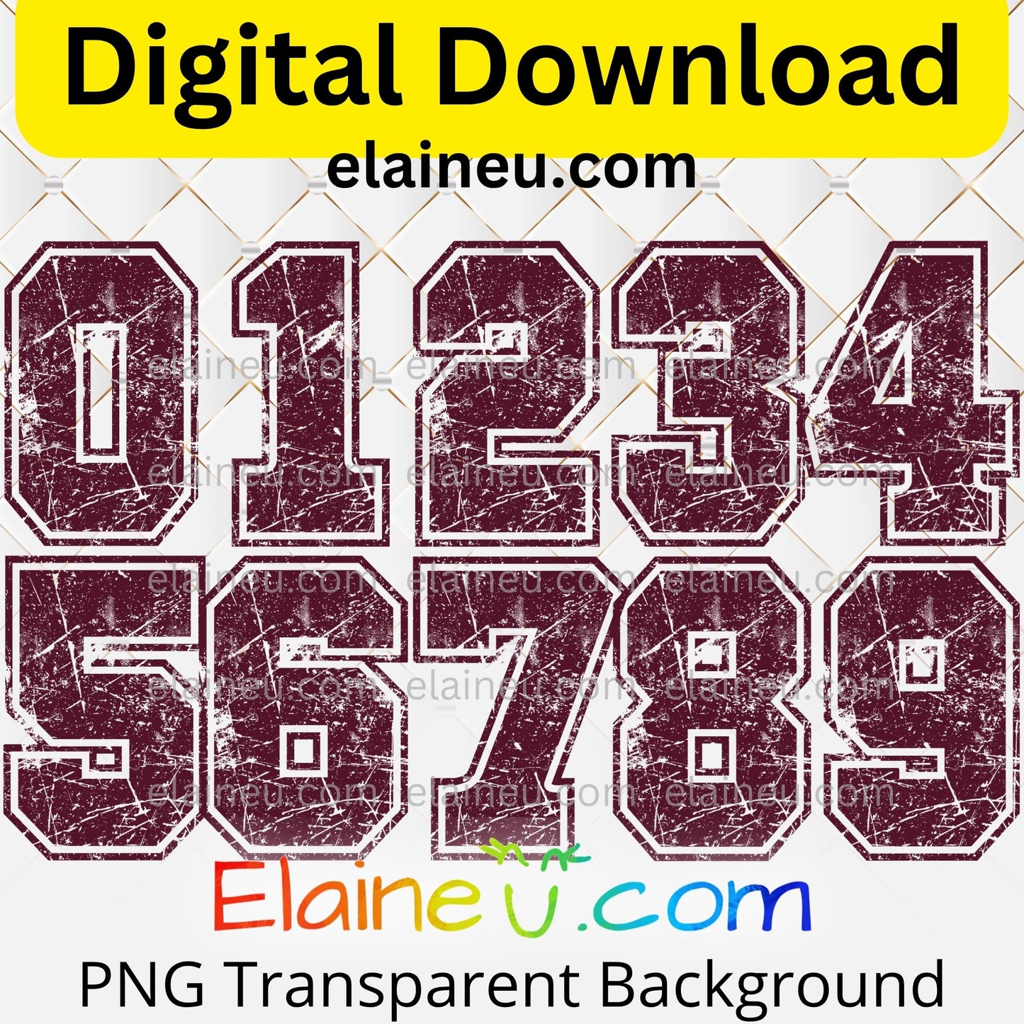 Burgundy varsity sports numbers digital download featuring 0–9 in an outlined varsity font with distressed grunge texture. Deep burgundy tones give a vintage athletic look with realistic wear. Includes 300 DPI PNG with transparent backgrounds and JPG with white backgrounds. Perfect for baseball, basketball, soccer, football, and team projects, jerseys, or printable designs.