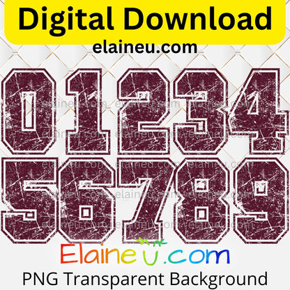 Burgundy varsity sports numbers digital download featuring 0–9 in an outlined varsity font with distressed grunge texture. Deep burgundy tones give a vintage athletic look with realistic wear. Includes 300 DPI PNG with transparent backgrounds and JPG with white backgrounds. Perfect for baseball, basketball, soccer, football, and team projects, jerseys, or printable designs.