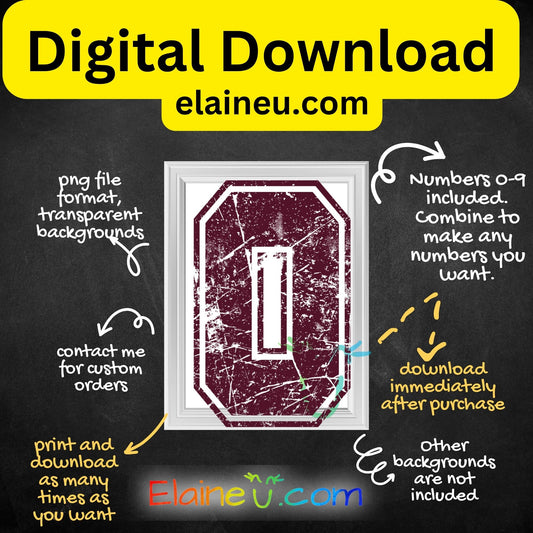 Promotional graphic for a digital download of a maroon number with white border, featuring text about file format, customization, and contact information.