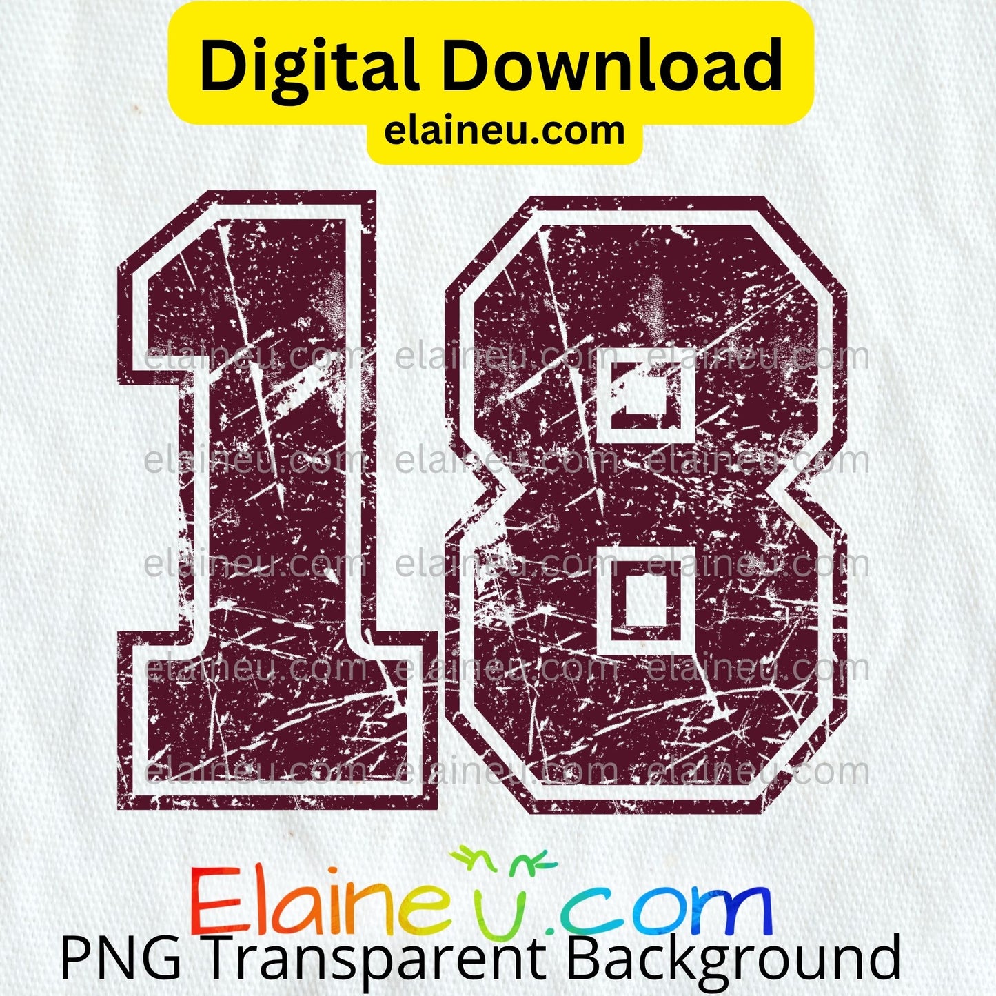 Vintage-style number '18' with a grungy texture on a white background, featuring 'Elaineé.com' branding.