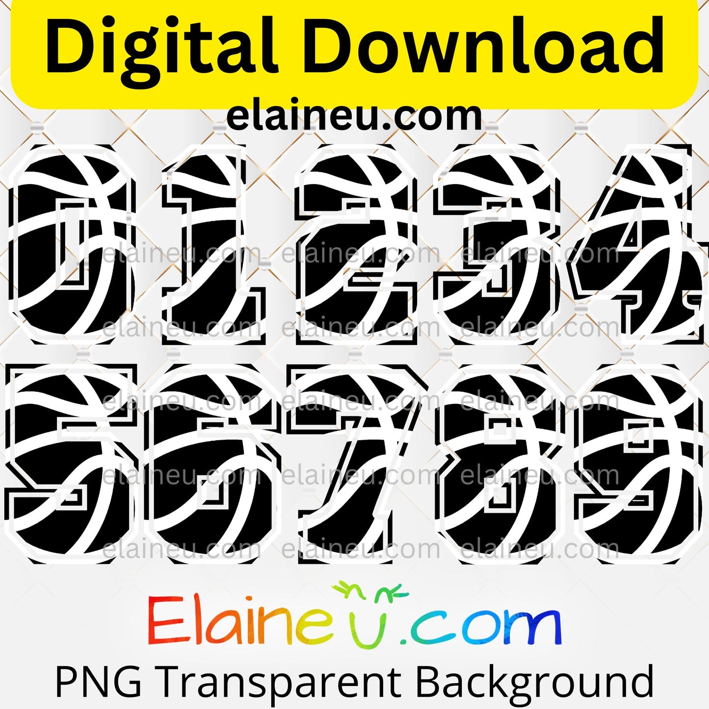 Basketball varsity sports numbers digital download featuring 0–9 in bold black with white basketball line details. Athletic varsity-style font ideal for sports projects, jerseys, posters, team banners, and party décor. Includes 300 DPI PNG with transparent backgrounds and JPG with white backgrounds. Perfect for basketball-themed events, designs, and digital crafts. &nbsp;