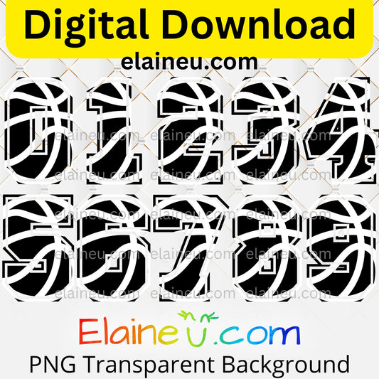 Basketball varsity sports numbers digital download featuring 0–9 in bold black with white basketball line details. Athletic varsity-style font ideal for sports projects, jerseys, posters, team banners, and party décor. Includes 300 DPI PNG with transparent backgrounds and JPG with white backgrounds. Perfect for basketball-themed events, designs, and digital crafts. &nbsp;