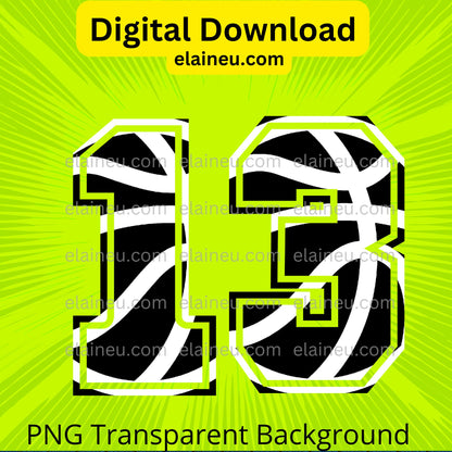 Basketball varsity sports numbers digital download featuring 0–9 in bold black with white basketball line details. Athletic varsity-style font ideal for sports projects, jerseys, posters, team banners, and party décor. Includes 300 DPI PNG with transparent backgrounds and JPG with white backgrounds. Perfect for basketball-themed events, designs, and digital crafts.