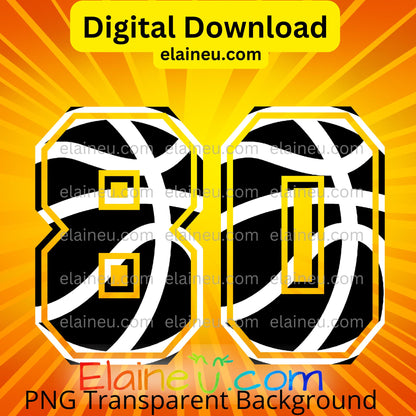 Basketball varsity sports numbers digital download featuring 0–9 in bold black with white basketball line details. Athletic varsity-style font ideal for sports projects, jerseys, posters, team banners, and party décor. Includes 300 DPI PNG with transparent backgrounds and JPG with white backgrounds. Perfect for basketball-themed events, designs, and digital crafts.