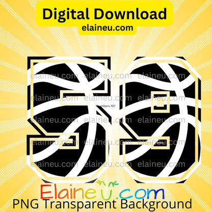 Basketball varsity sports numbers digital download featuring 0–9 in bold black with white basketball line details. Athletic varsity-style font ideal for sports projects, jerseys, posters, team banners, and party décor. Includes 300 DPI PNG with transparent backgrounds and JPG with white backgrounds. Perfect for basketball-themed events, designs, and digital crafts.