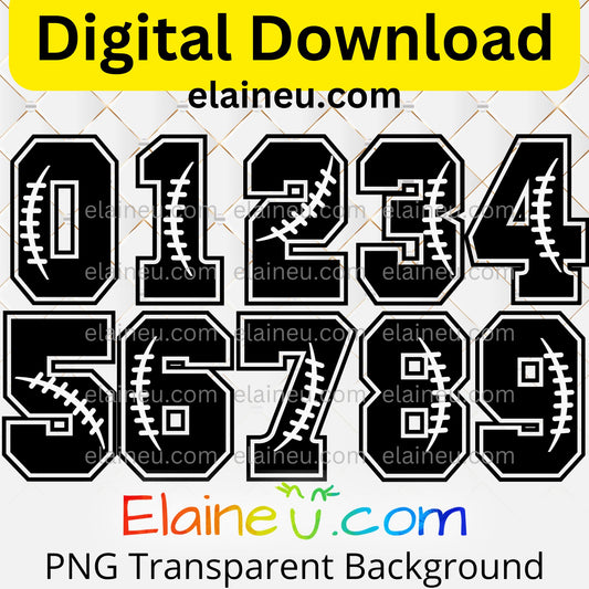 Black varsity sports numbers digital download featuring 0–9 in a bold athletic font with white football seam details inside each number. Simple and sporty design perfect for football parties, team banners, jerseys, and printable crafts. Includes 300 DPI PNG files with transparent backgrounds and JPG files with white backgrounds.