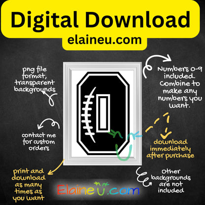 Promotional graphic for a digital download of a number design with text about file format, availability, and contact information.