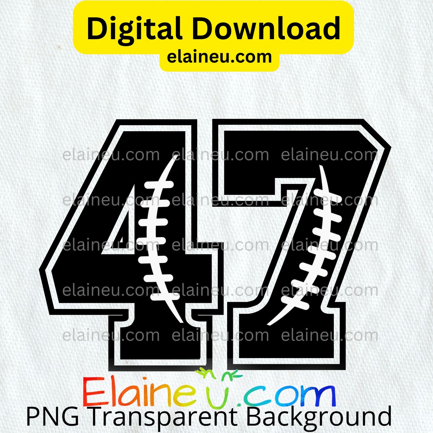 Black number '47' with football design on a white background, featuring 'Elaine U.' branding.