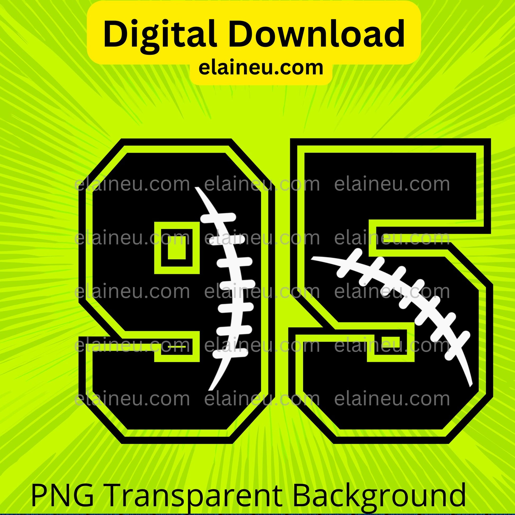 Black sports jersey numbers '95' with white stitching on a green background, digital download from elaineu.com.