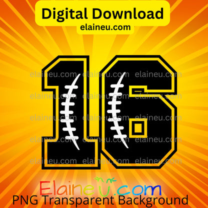 Black varsity sports numbers digital download featuring 0–9 in a bold athletic font with white football seam details inside each number. Simple and sporty design perfect for football parties, team banners, jerseys, and printable crafts. Includes 300 DPI PNG files with transparent backgrounds and JPG files with white backgrounds.