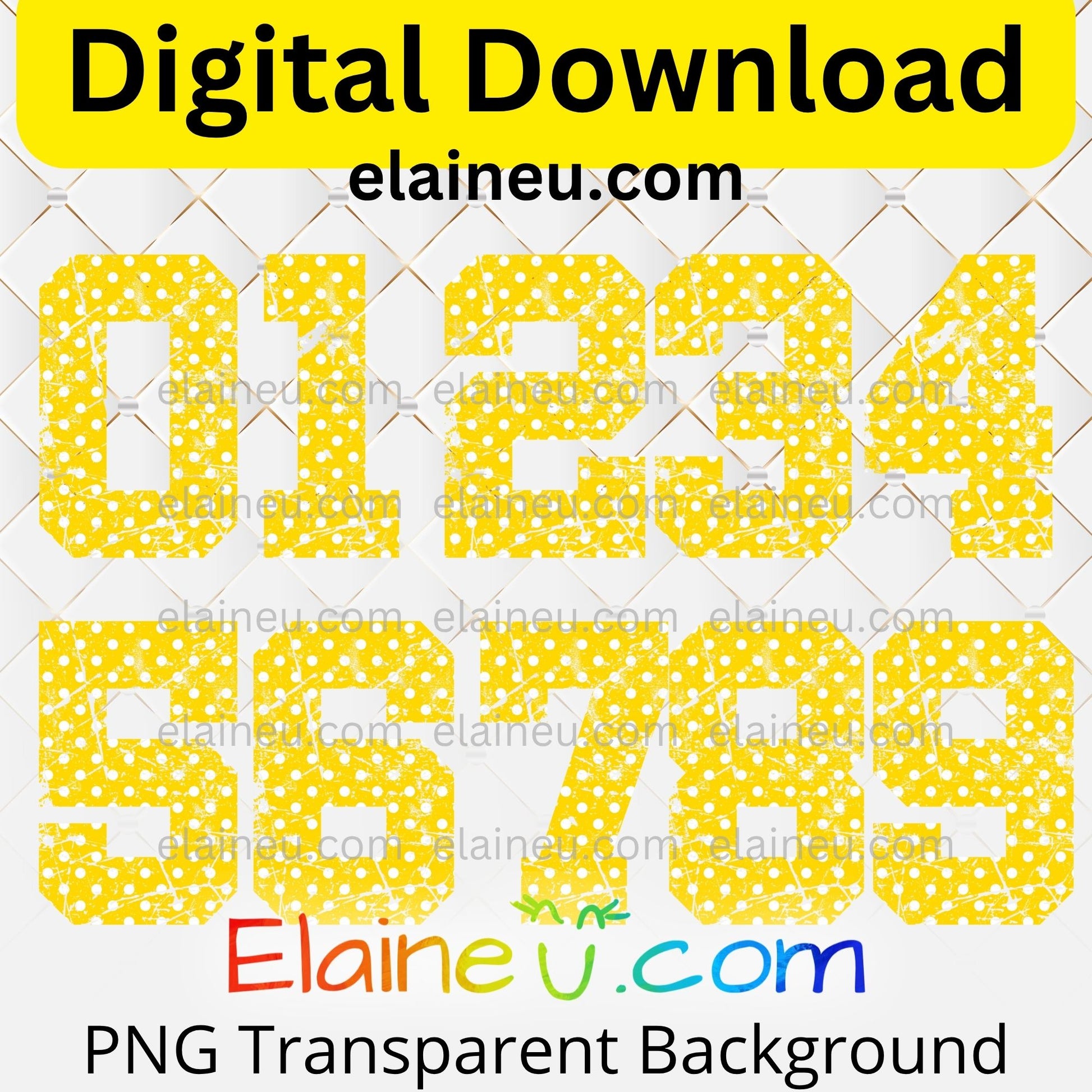 Yellow numbers with a transparent background on a white grid background, featuring 'Elaine U' branding.