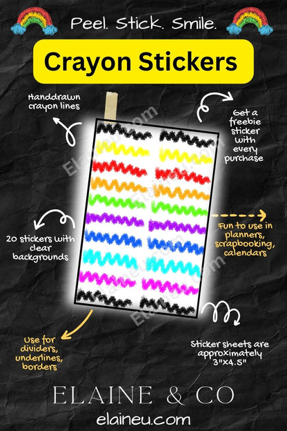 Planner Stickers – Handdrawn Crayon Line Stickers with Clear Backgrounds (20 Colors), EU-Planner-100