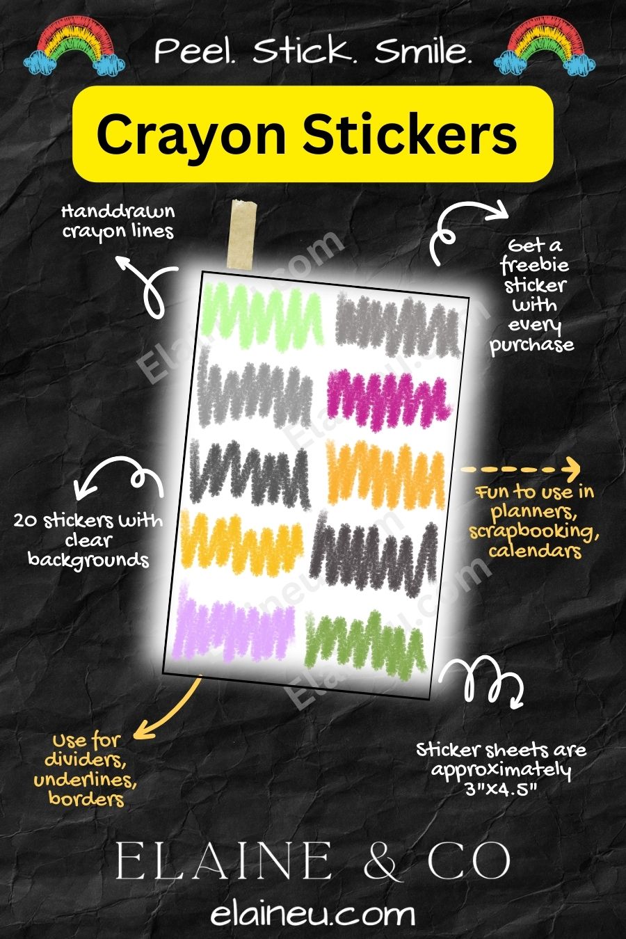 Planner Stickers – Handdrawn Crayon Doodle Zig Zag Stickers with Clear Backgrounds, EU-Planner-101