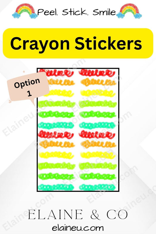 Crayon stickers with colorful text on a white background, featuring the brand 'Elaine & Co'.